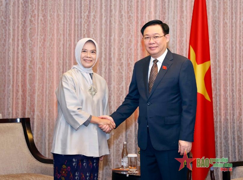 Chủ tịch Quốc hội Vương Đình Huệ tiếp Chủ tịch Ủy ban Kiểm toán Indonesia Isma Yatun. 