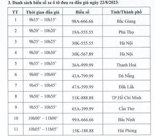 ​11 biển số xe nào sẽ được đưa ra đấu giá lần đầu tiên vào ngày 22-8 tới?