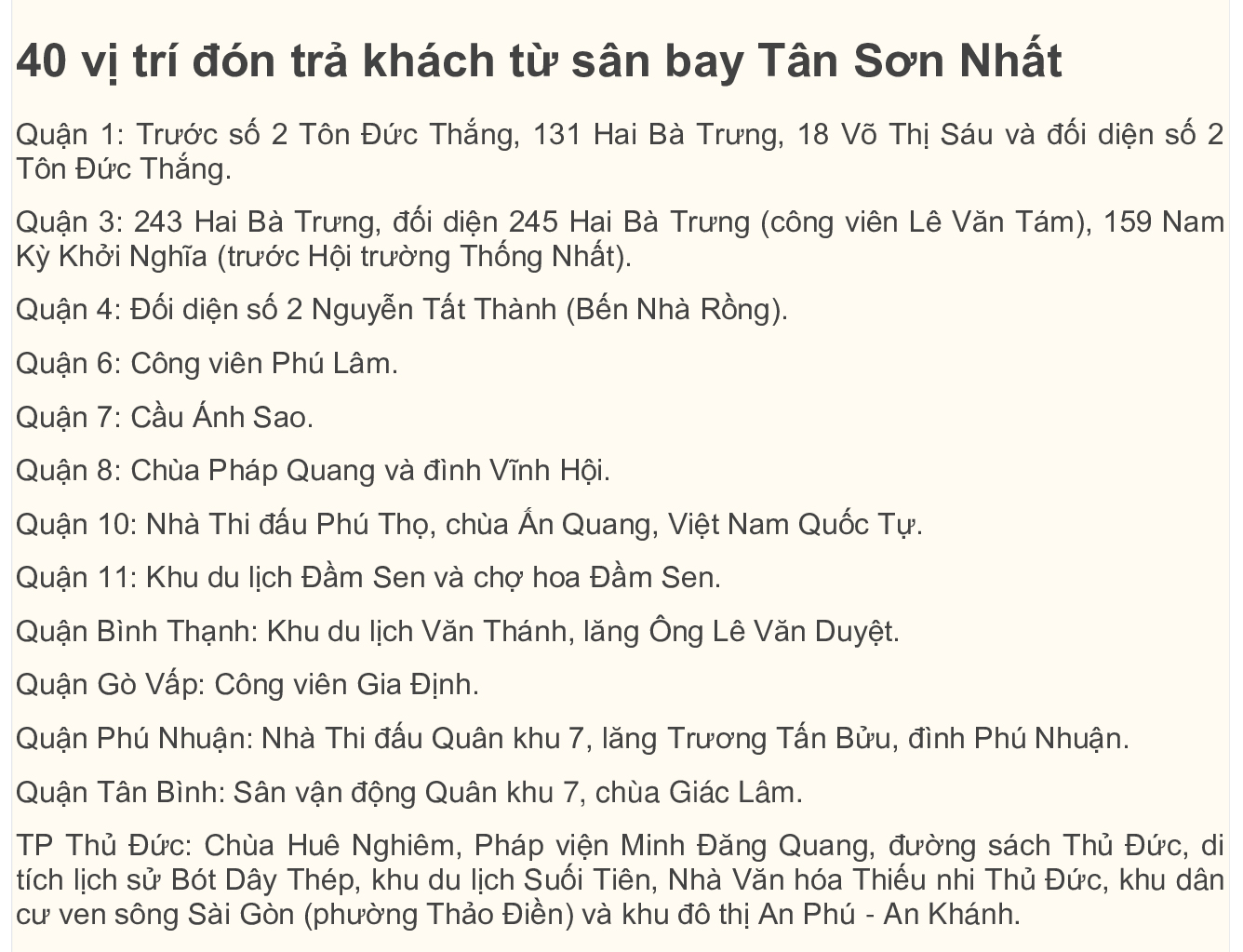 40 điểm đón, trả khách từ Tân Sơn Nhất