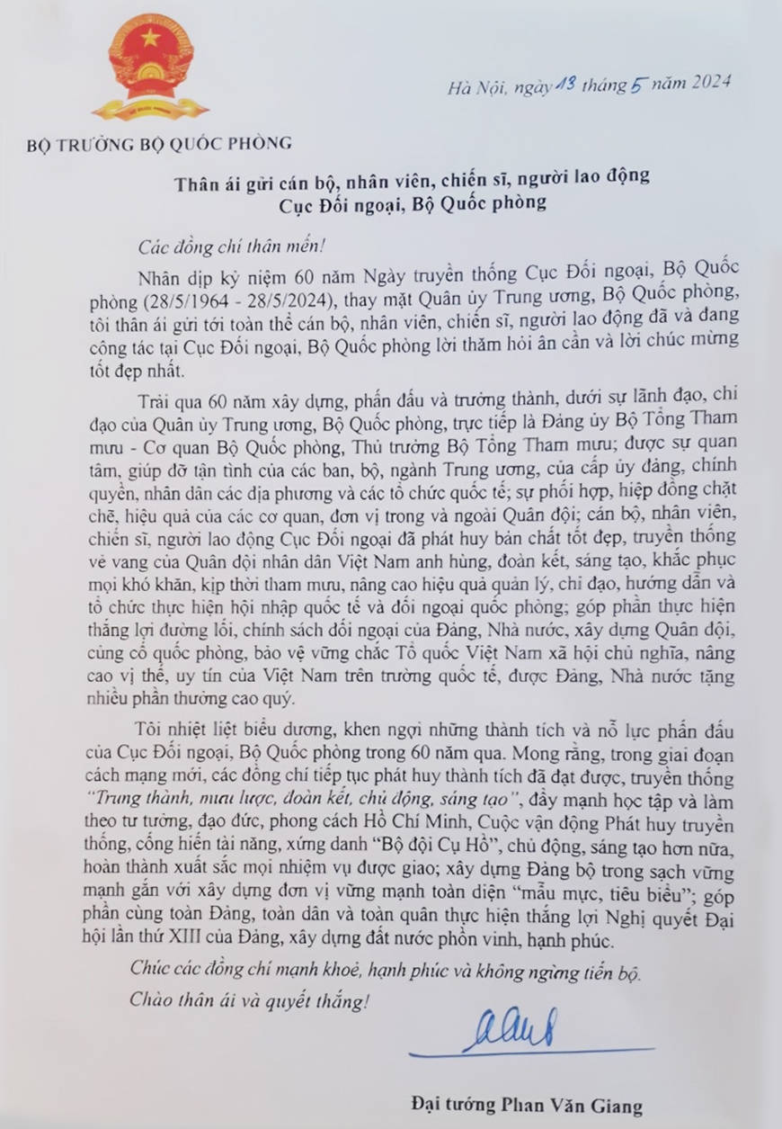 Đại tướng Phan Văn Giang gửi thư chúc mừng kỷ niệm 60 năm Ngày truyền thống Cục Đối ngoại