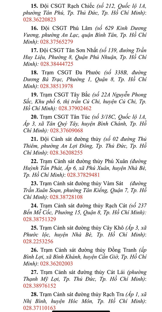 Cảnh sát giao thông TP Hồ Chí Minh cung cấp đầu mối tiếp nhận phản ánh vi phạm giao thông