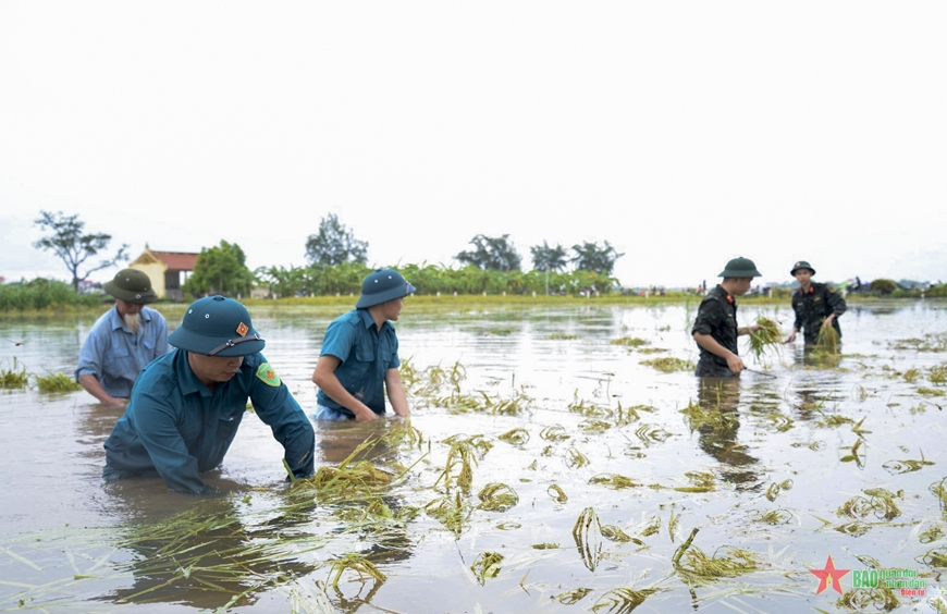 Hà Nội: Lực lượng vũ trang dầm mình trong mưa giúp dân