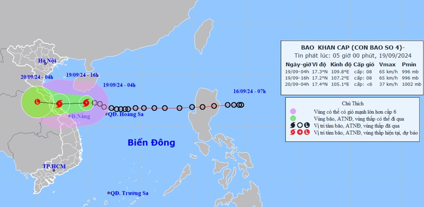 Thời tiết hôm nay (19-9): Áp thấp nhiệt đới đã mạnh lên thành bão số 4, cách Đà Nẵng 210km về phía Đông Bắc