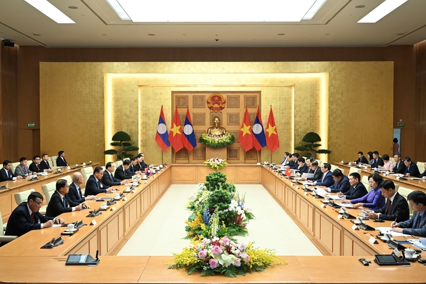 Quang cảnh cuộc làm việc giữa Thủ tướng Phạm Minh Chính và Thủ tướng Lào Sonexay Siphandone. Ảnh: VIỆT TRUNG 