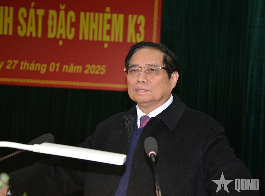 Thủ tướng Phạm Minh Chính phát biểu chỉ đạo, chúc Tết cán bộ, nhân viên, chiến sĩ Lữ đoàn K3. 