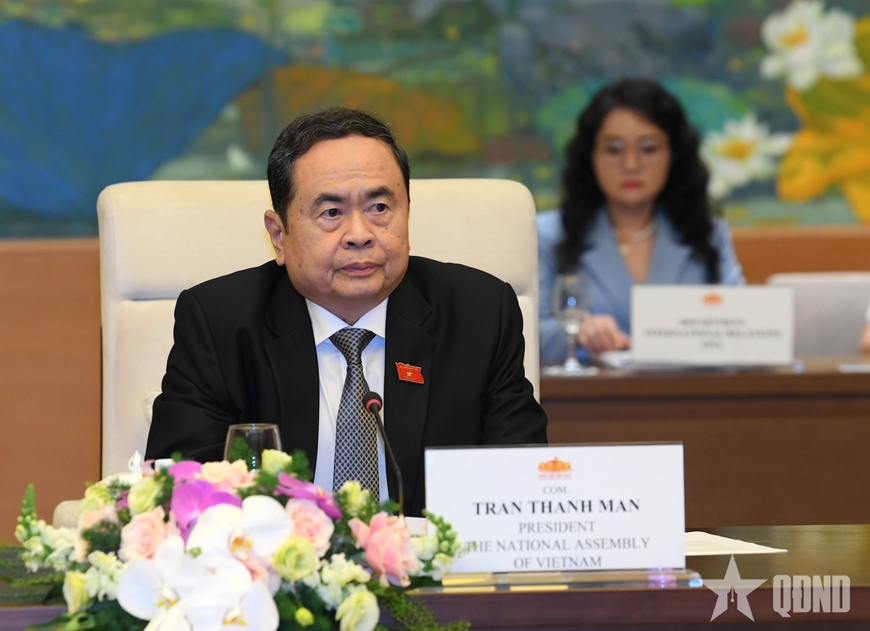 Chủ tịch Quốc hội Trần Thanh Mẫn phát biểu tại cuộc tiếp. Ảnh: LÂM HIỂN