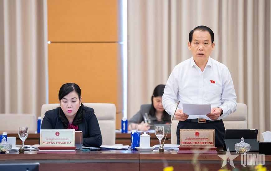  Chủ nhiệm Ủy ban Pháp luật và Tư pháp của Quốc hội Hoàng Thanh Tùng phát biểu tại phiên họp.