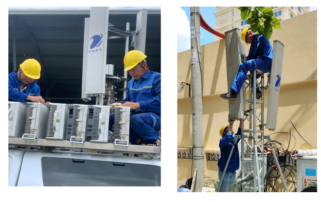 Đội ngũ kỹ thuật của VNPT đang gấp rút triển khai các trạm BTS lưu động, kéo cáp quang, lắp đặt và cấu hình thiết bị tại các điểm cầu truyền hình.