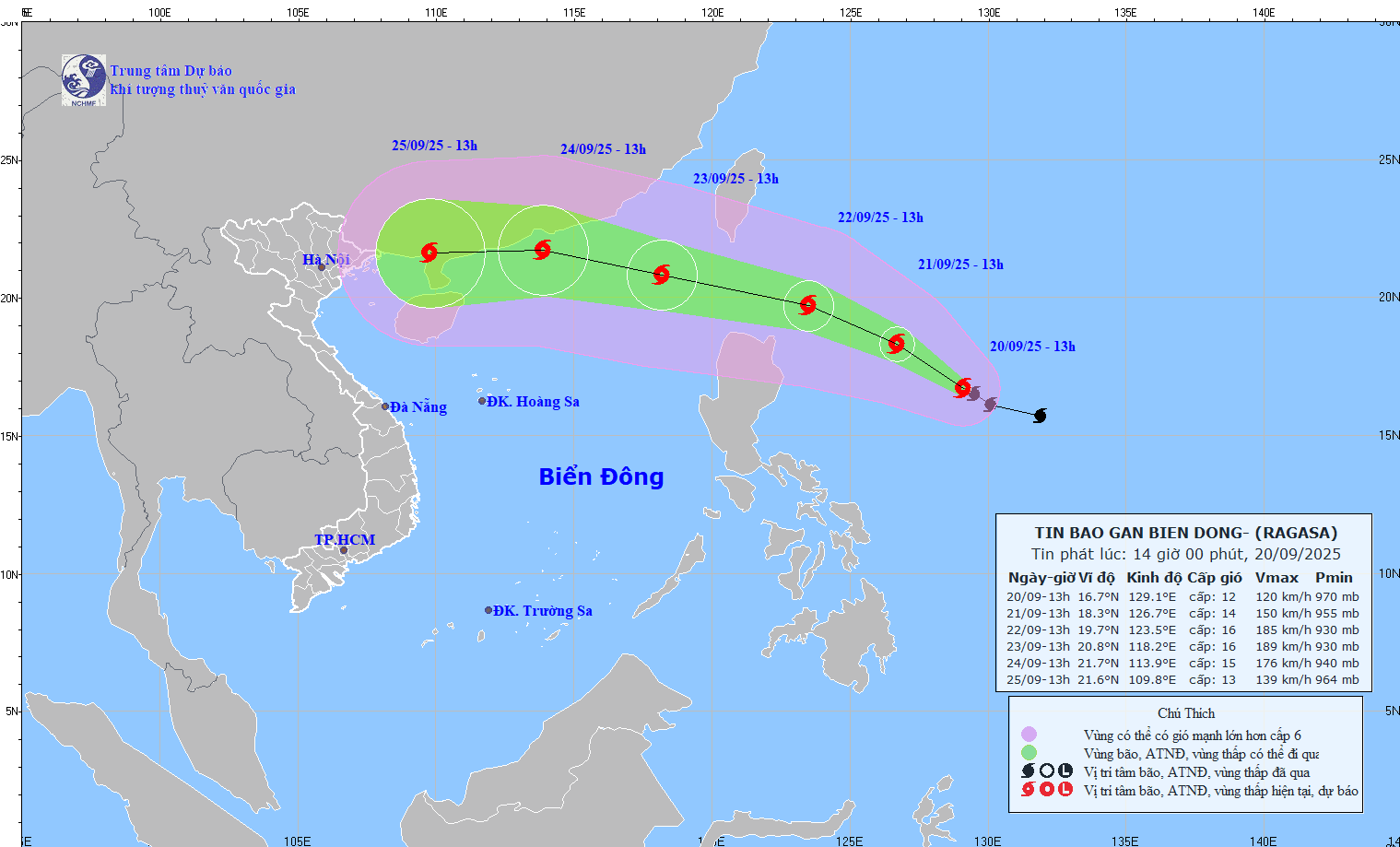 Siêu bão Ragasa: Từ đêm 22-9, gió mạnh cấp 10-13, vùng gần tâm bão cấp 14-16, giật trên cấp 17