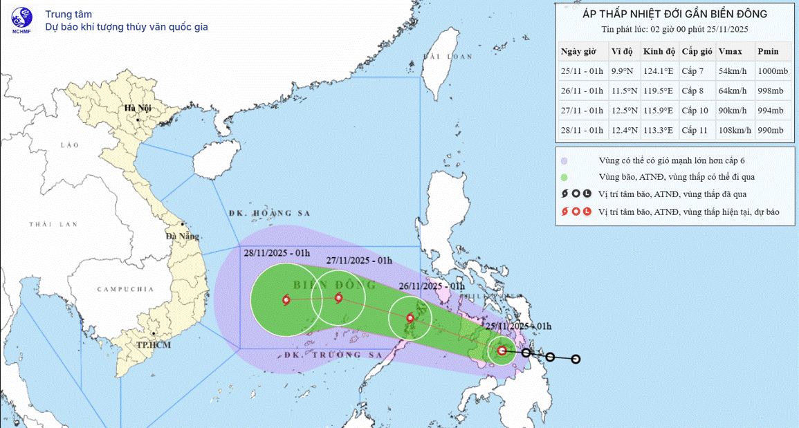 Rạng sáng 26-11, áp thấp nhiệt đới có khả năng vào Biển Đông, mạnh lên thành bão số 15