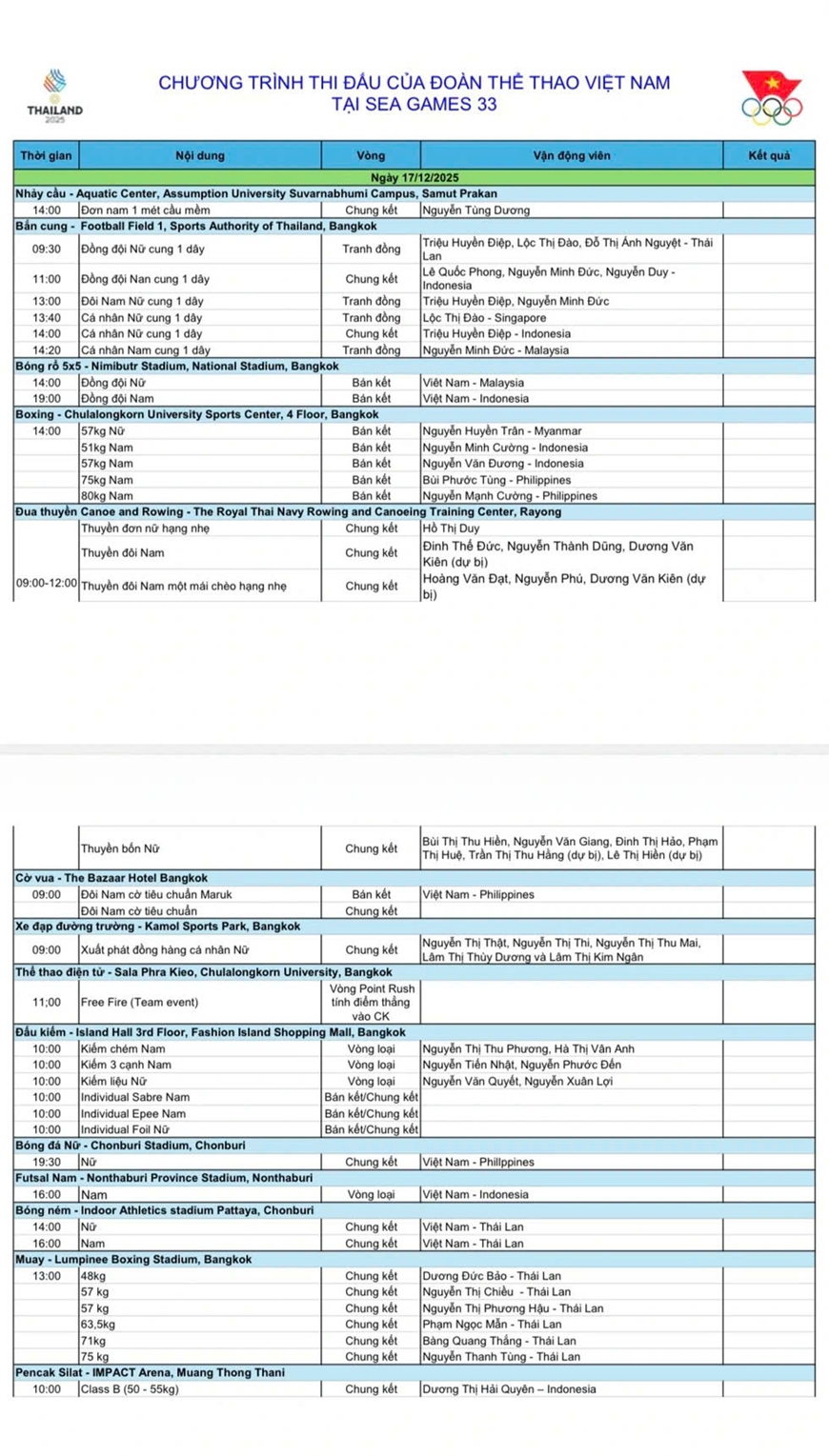 Lịch thi đấu SEA Games 33 hôm nay (17/12): Chung kết bóng đá nữ Việt Nam - Philippines Lịch thi đấu SEA Games 33 hôm nay (17-12): Chung kết bóng đá nữ Việt Nam - Philippines