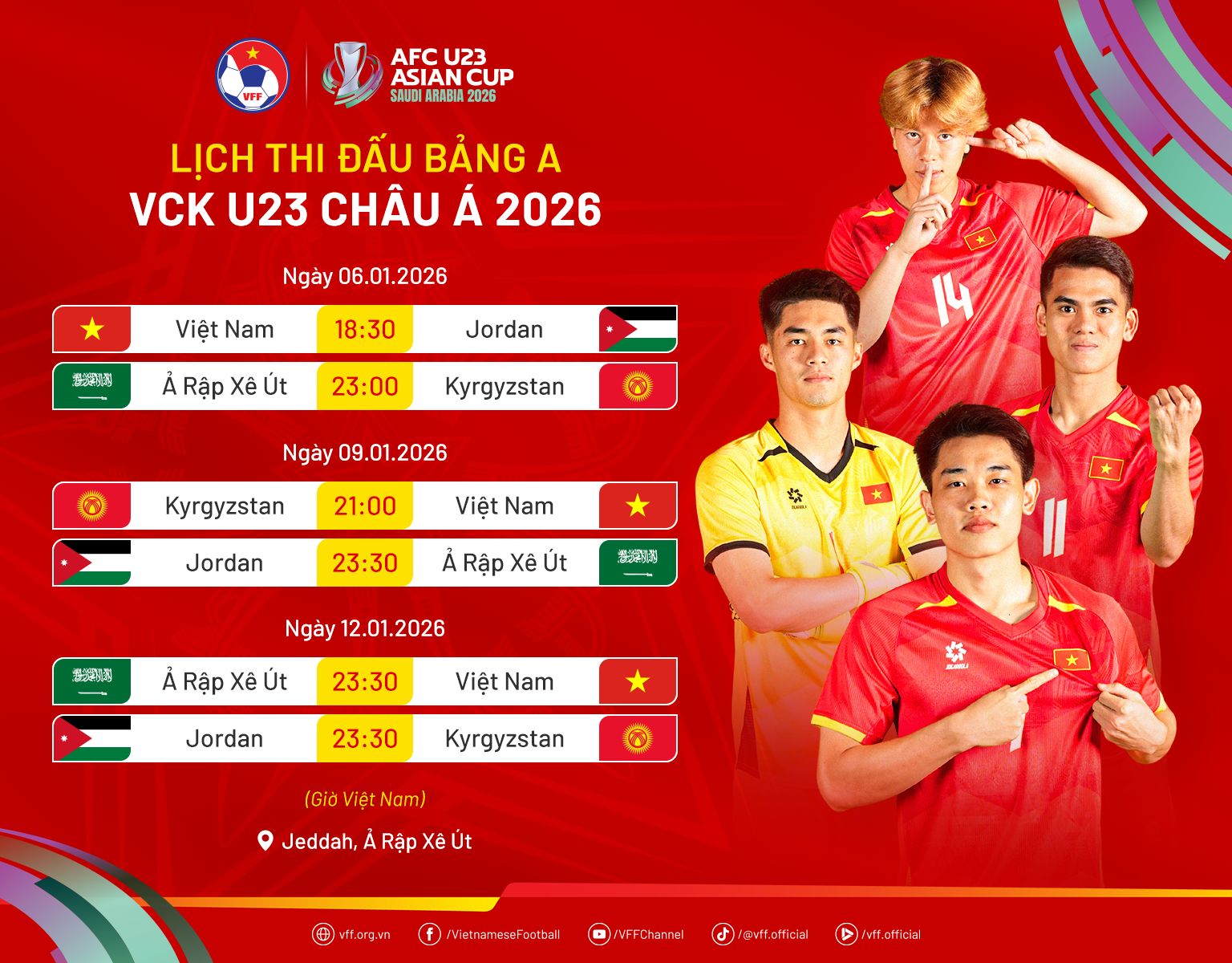 Lịch thi đấu U23 Việt Nam tại vòng chung kết châu Á 2026 mới nhất

