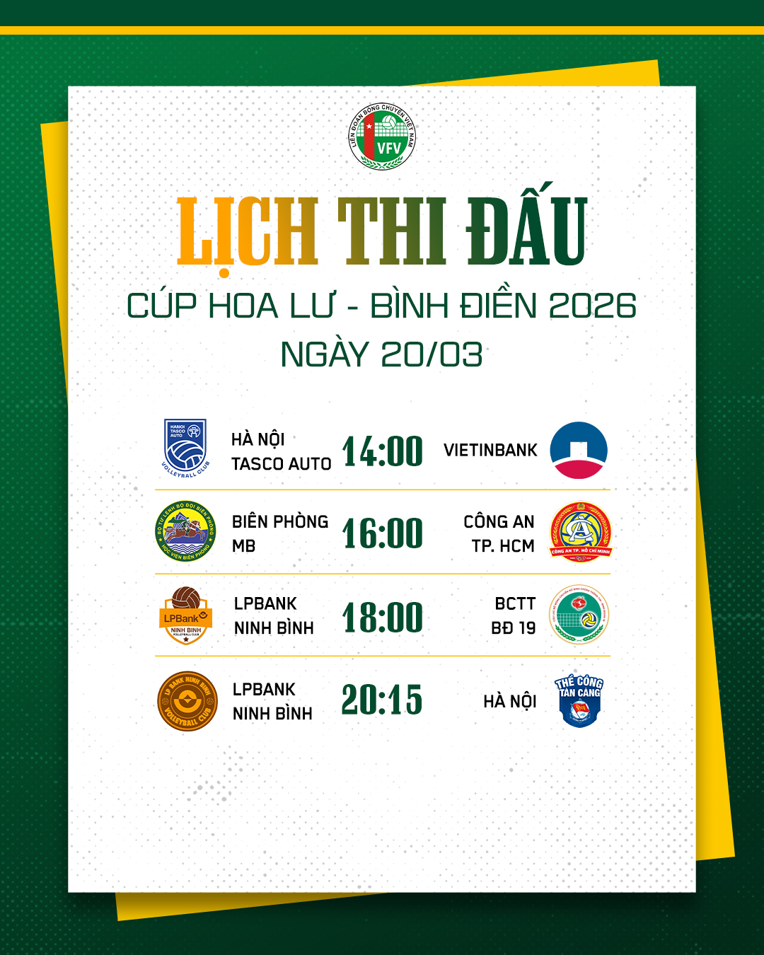 Lịch thi đấu bóng chuyền Cúp Hoa Lư ngày 20-3

