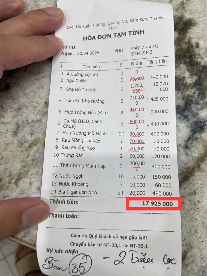 Thanh Hóa xác minh thông tin hóa đơn bữa ăn gần 18 triệu đồng tại Sầm Sơn