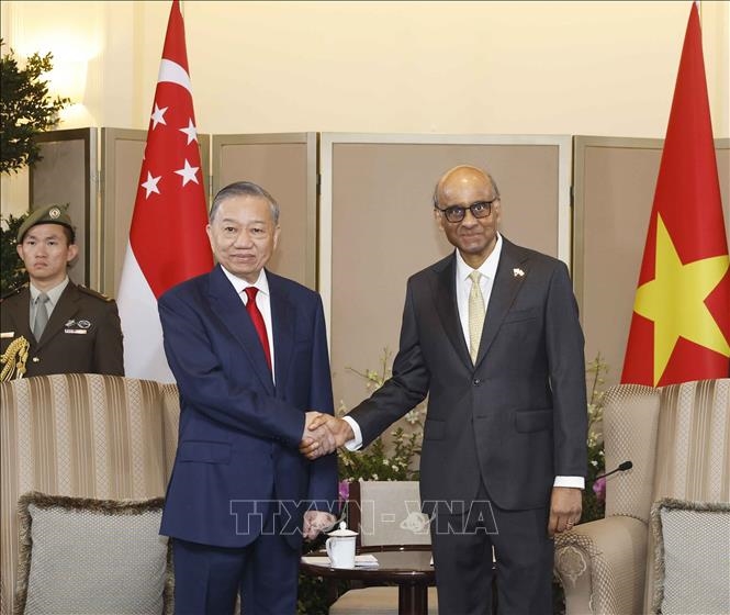 Tổng B&iacute; thư, Chủ tịch nước T&ocirc; L&acirc;m hội đ&agrave;m với Tổng thống Singapore Tharman Shanmugaratnam