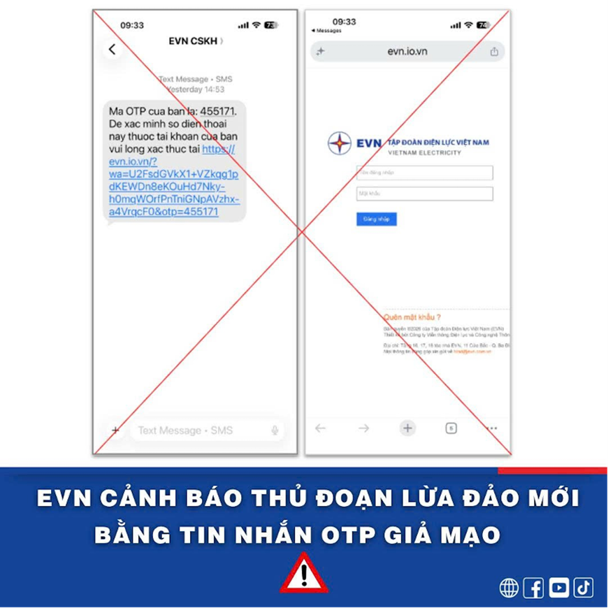 EVN cảnh báo thủ đoạn lừa đảo mới bằng tin nhắn OTP giả mạo