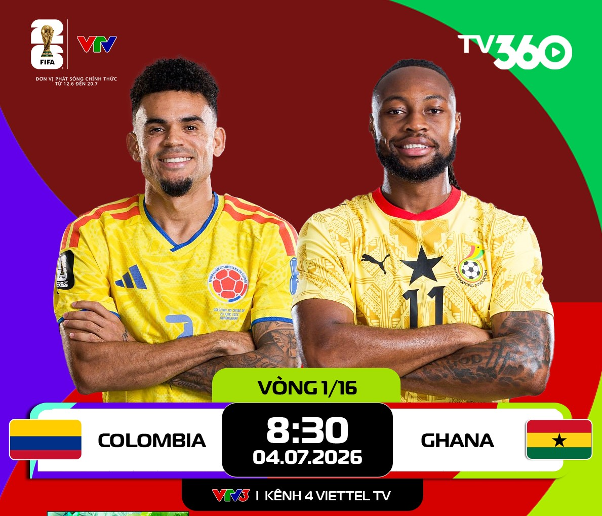 Link xem trực tiếp Colombia và Ghana (vòng 1/16 World Cup 2026)