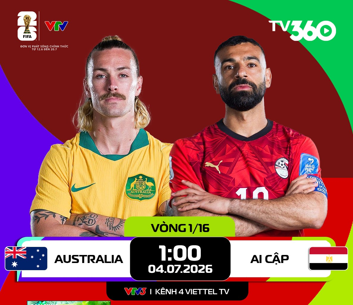 Link xem trực tiếp Australia và Ai Cập (vòng 1/16 World Cup 2026)