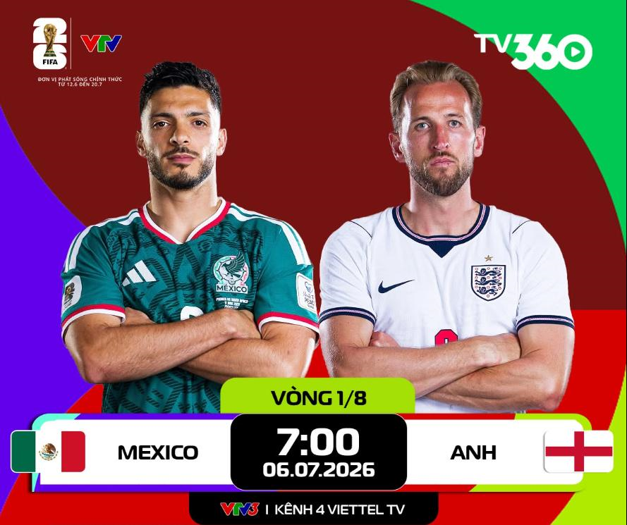 Link xem trực tiếp Mexico và Anh (vòng 1/8 World Cup 2026)