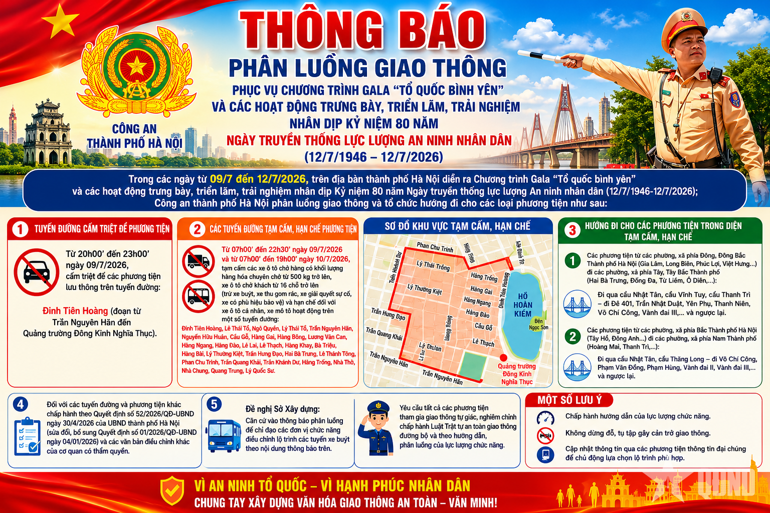 Thông báo phân luồng giao thông phục vụ Chương trình Gala “Tổ quốc bình yên” 

