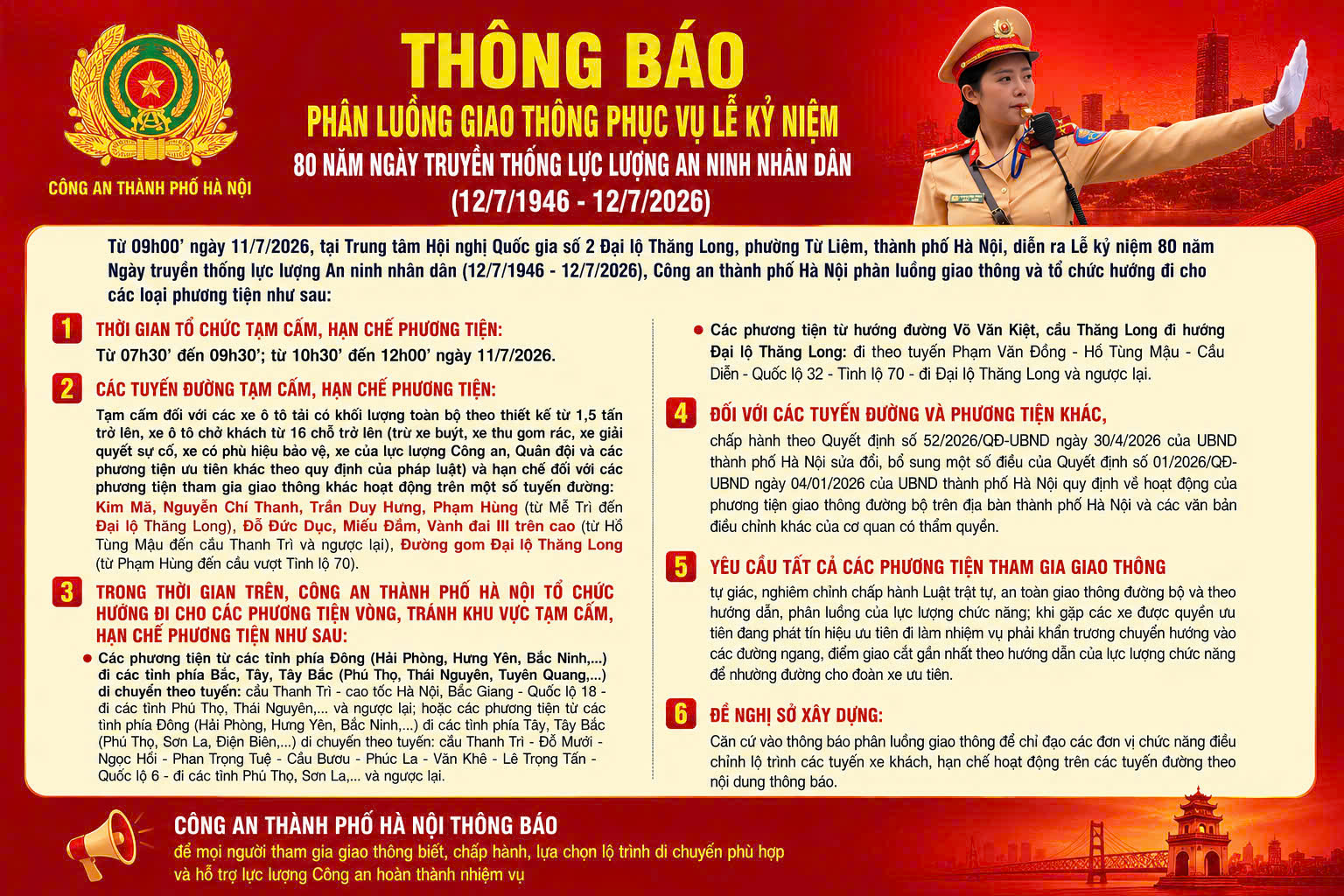 Phân luồng giao thông phục vụ Lễ kỷ niệm 80 năm Ngày truyền thống lực lượng An ninh nhân dân