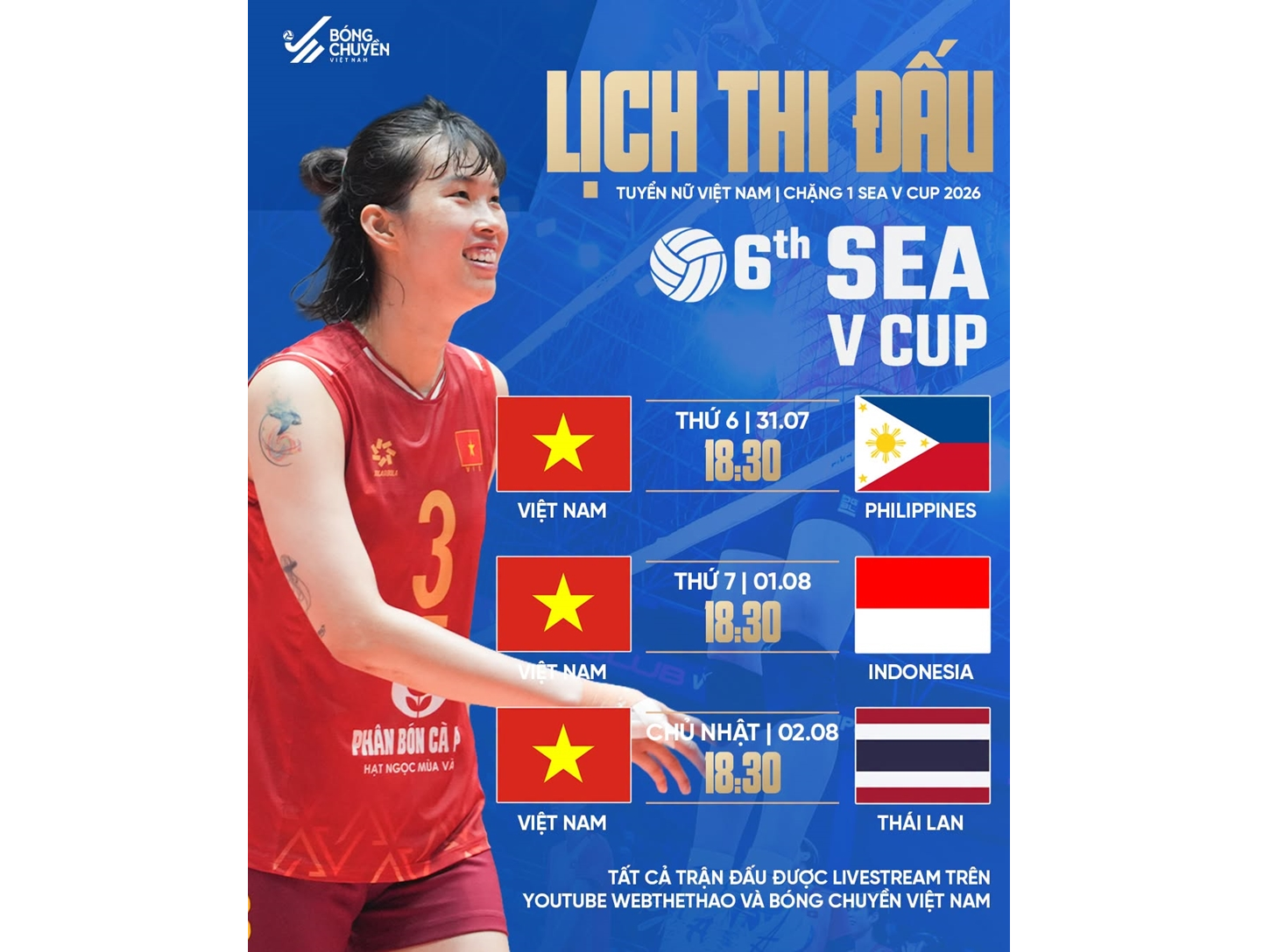 Lịch thi đấu đội tuyển bóng chuyền nữ Việt Nam tại chặng 1 SEA V.Cup 2026


