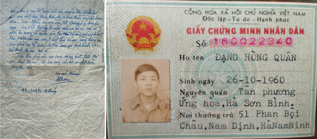Giấy chứng minh nhân dân và lá thư của liệt sĩ Đặng Hồng Quân