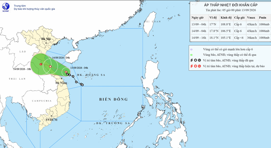 Thời tiết hôm nay (13-9): Áp thấp nhiệt đới cách TP Đà Nẵng khoảng 120km, miền Bắc và miền Trung đón mưa lớn