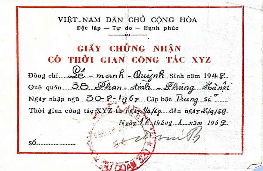 Giấy chứng nhận có thời gian công tác của đồng chí Lê Mạnh Quỳnh