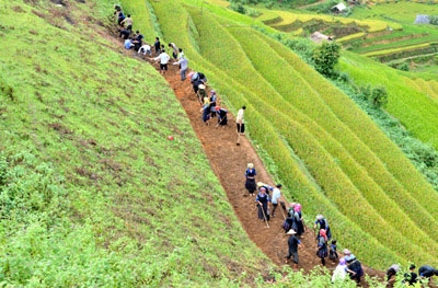 Đồng bào Mông trình diễn kỹ thuật làm ruộng bậc thang