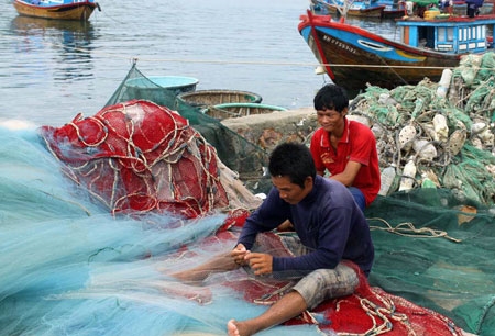 Sau khi vận chuyển cá lên bờ, các ngư dân lại tất bật vá lại lưới.