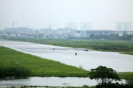 Nước lên, nhiều người đổ xô đi đánh bắt cá dưới ao, trên ruộng, thậm chí ngay trên....đường băng sân bay Gia Lâm.