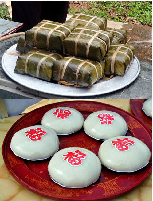 Bánh chưng và bánh giầy, sản vật sẽ được dâng lên các vua Hùng.