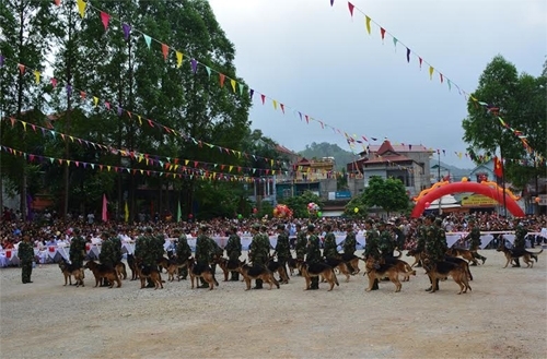 Huấn luyện viên và chó nghiệp vụ của Trường Trung cấp 24 Biên phòng ra mắt khán giả.