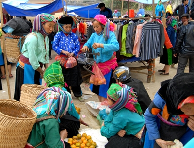 Hoa quả tươi được đồng bào mua sắm nhiều để cúng lễ.