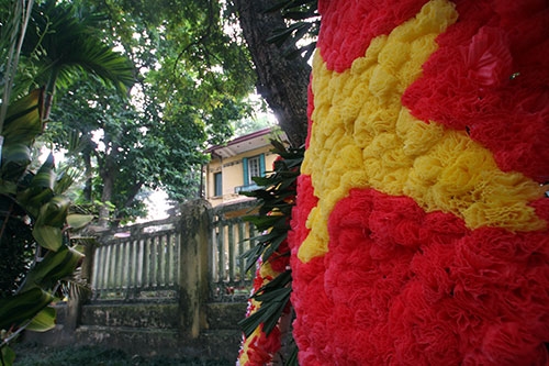 Vòng hoa xếp hình cờ đỏ sao vàng kính dâng Đại tướng.