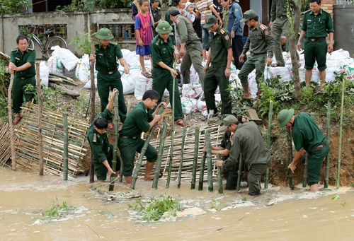Dầm mình cùng Bộ đội Đồn Biên phòng Cửa Sót đóng cọc tre.