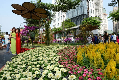 Cảnh đẹp của đường hoa luôn cuốn hút du khách ghi lại hình ảnh trong dịp Tết.